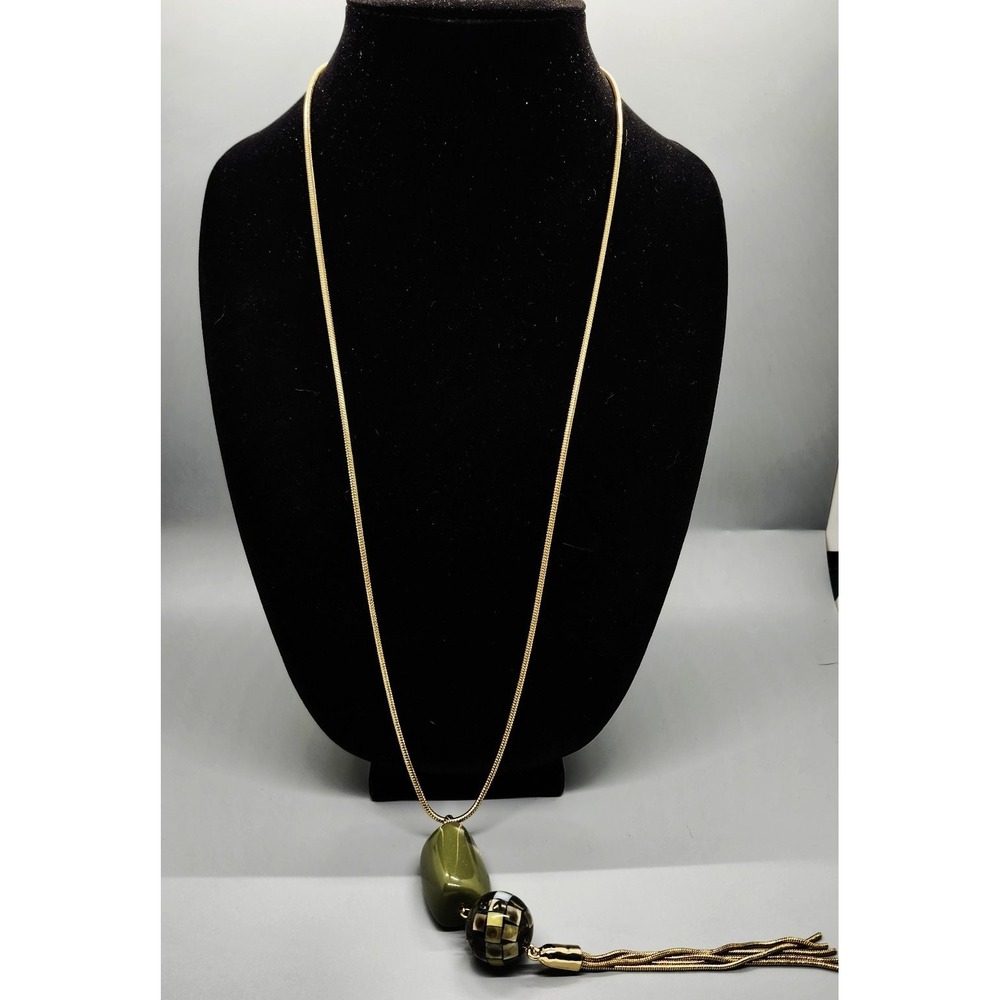 Chico's Statement Long Pendant Necklace Olive Green Bead Tassel Gold Tone